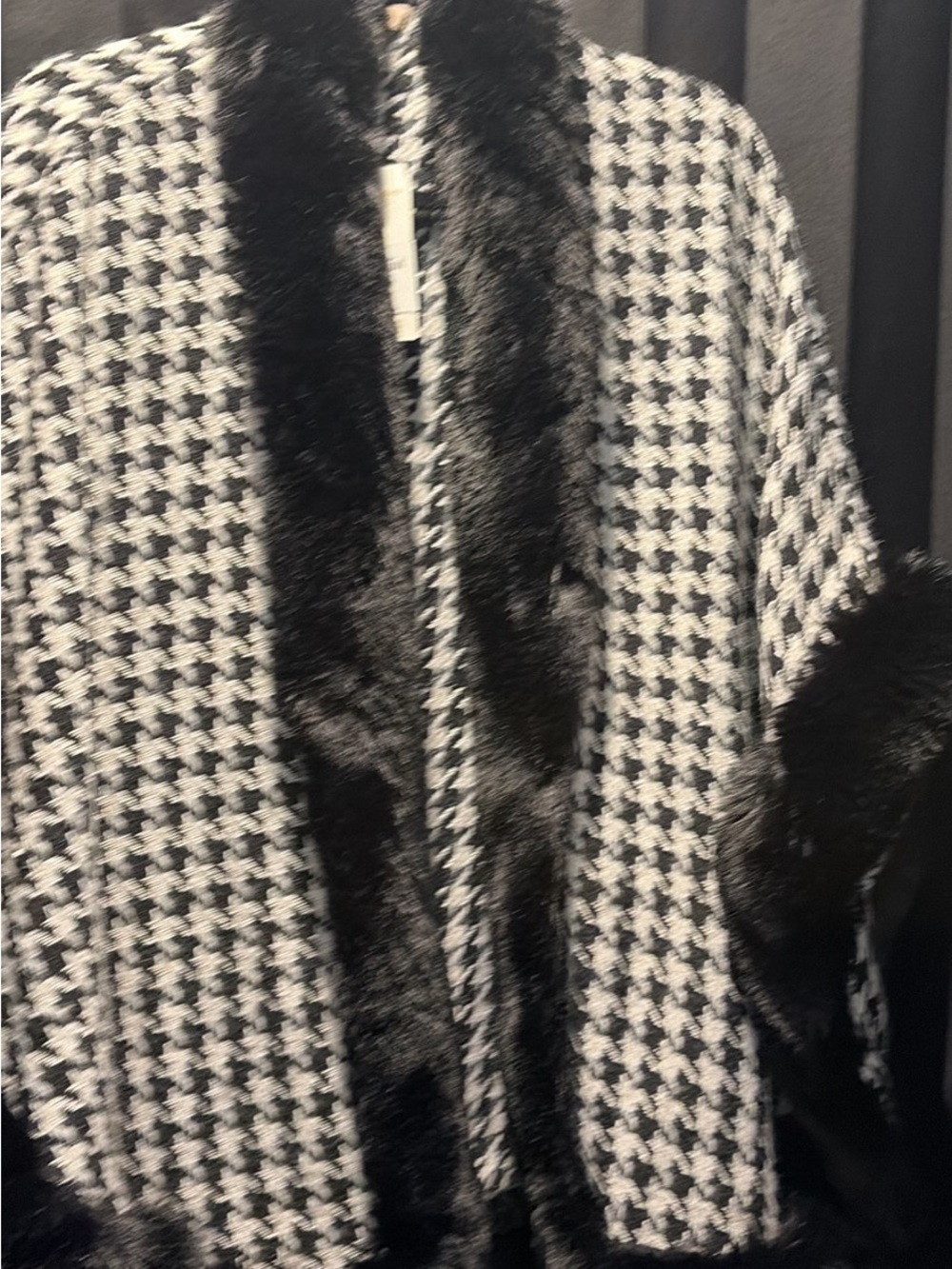 Max Studio Black and White Houndstooth Coat with Faux Fur Trim